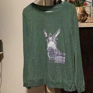 Green Long Sleeve Top with Donkey Graphic